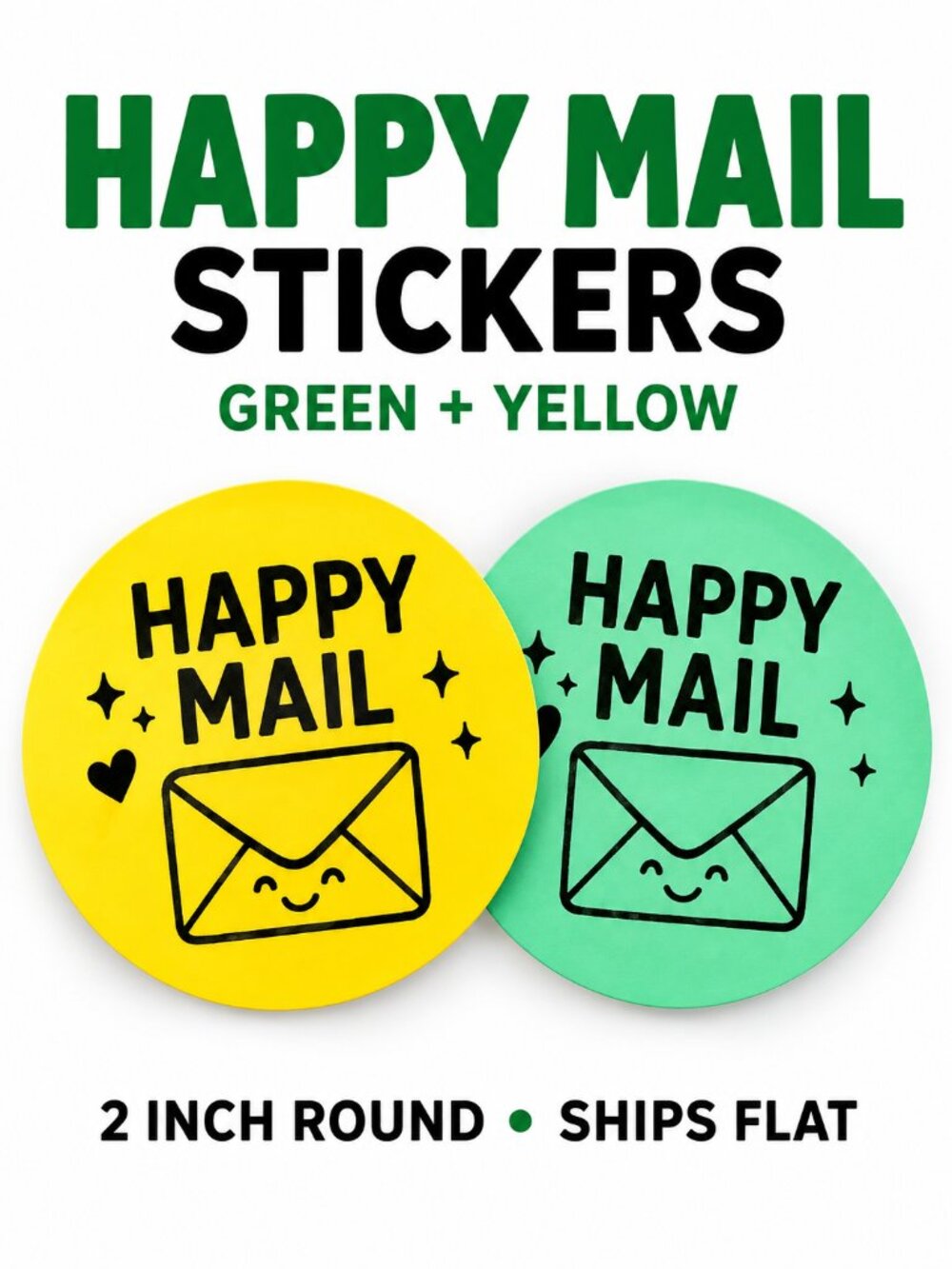 Handmade Happy Mail Stickers Green Yellow 200 Pack 2 Inch Round